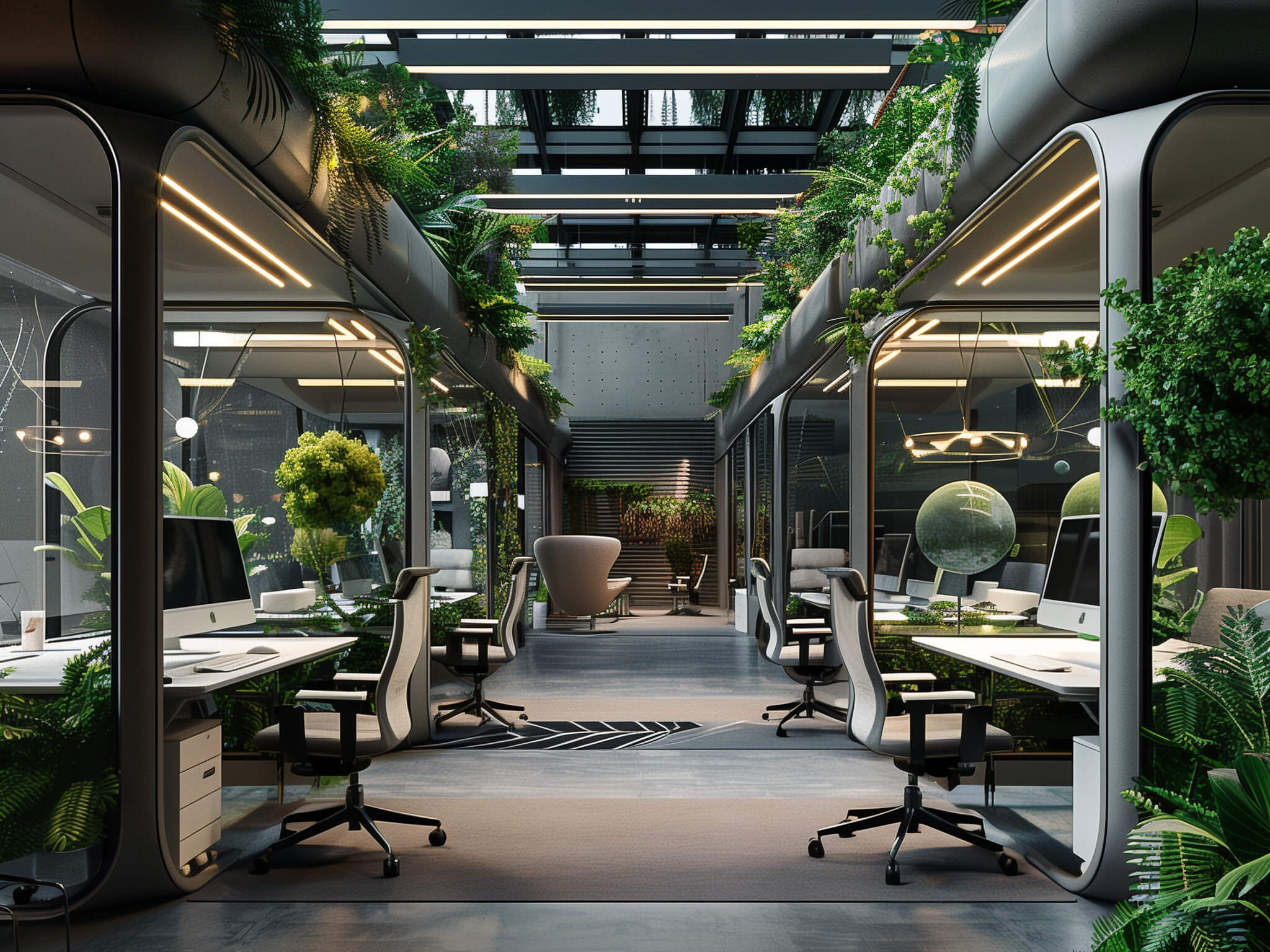 Ein Bild eines futuristischen Büros, mit mehreren Arbeitsplätzen und viel Pflanzen.