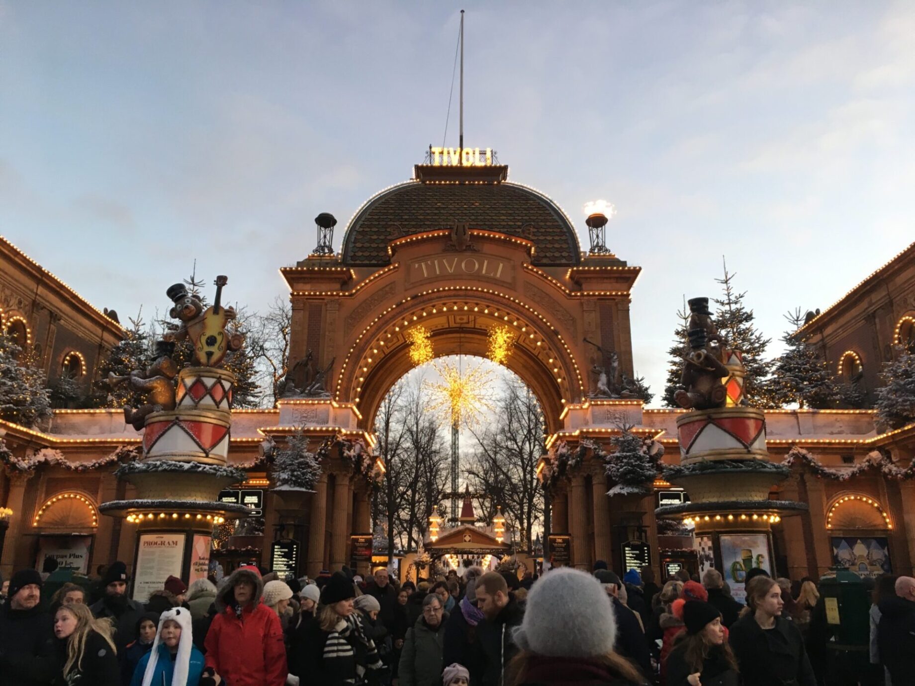 a crowd in front of the Tivoli amusement park in Stockholm