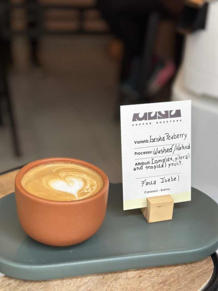 ein Cappuchino serviert auf einem Keramik Teller