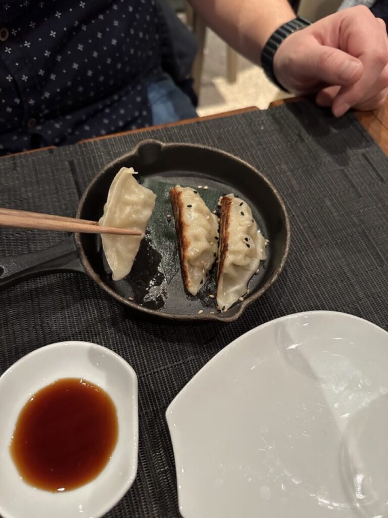 Gyozas served on a covered table