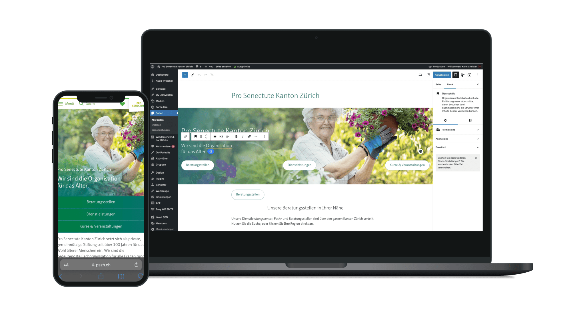 Die Website von Pro Senectute im Kanton Zürich auf einem Laptop und einem Smartphone