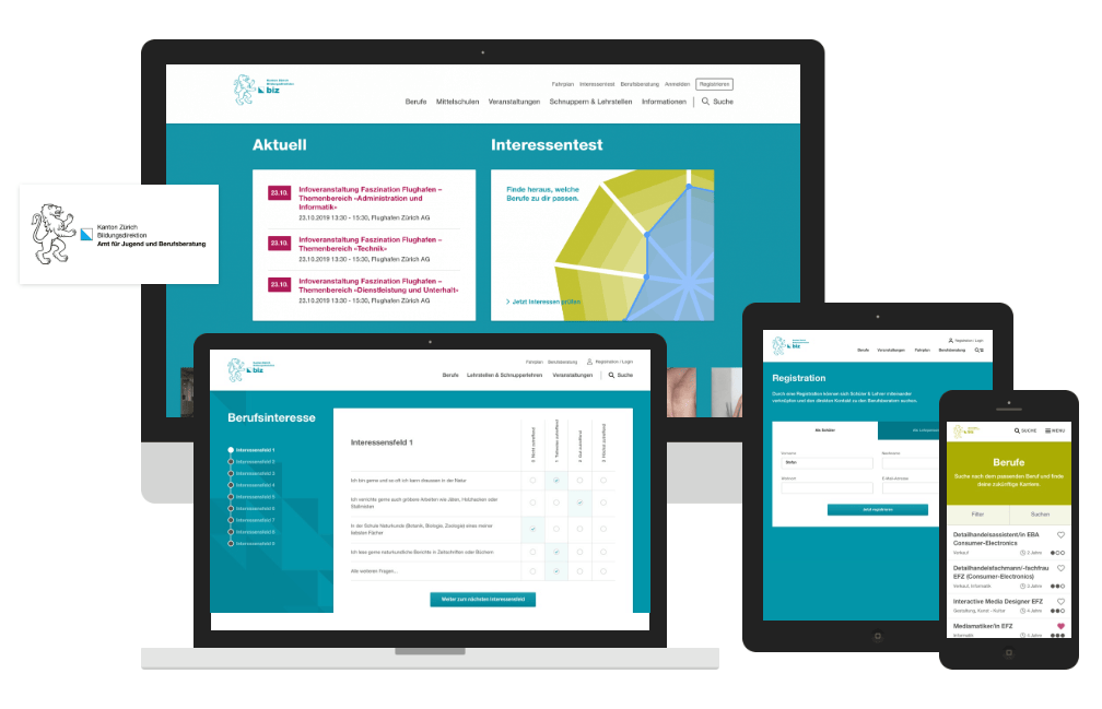 Das Berufswahl Portal dargestellt auf verschiedenen Devices, Desktop, Laptop, Tablet, Phone
