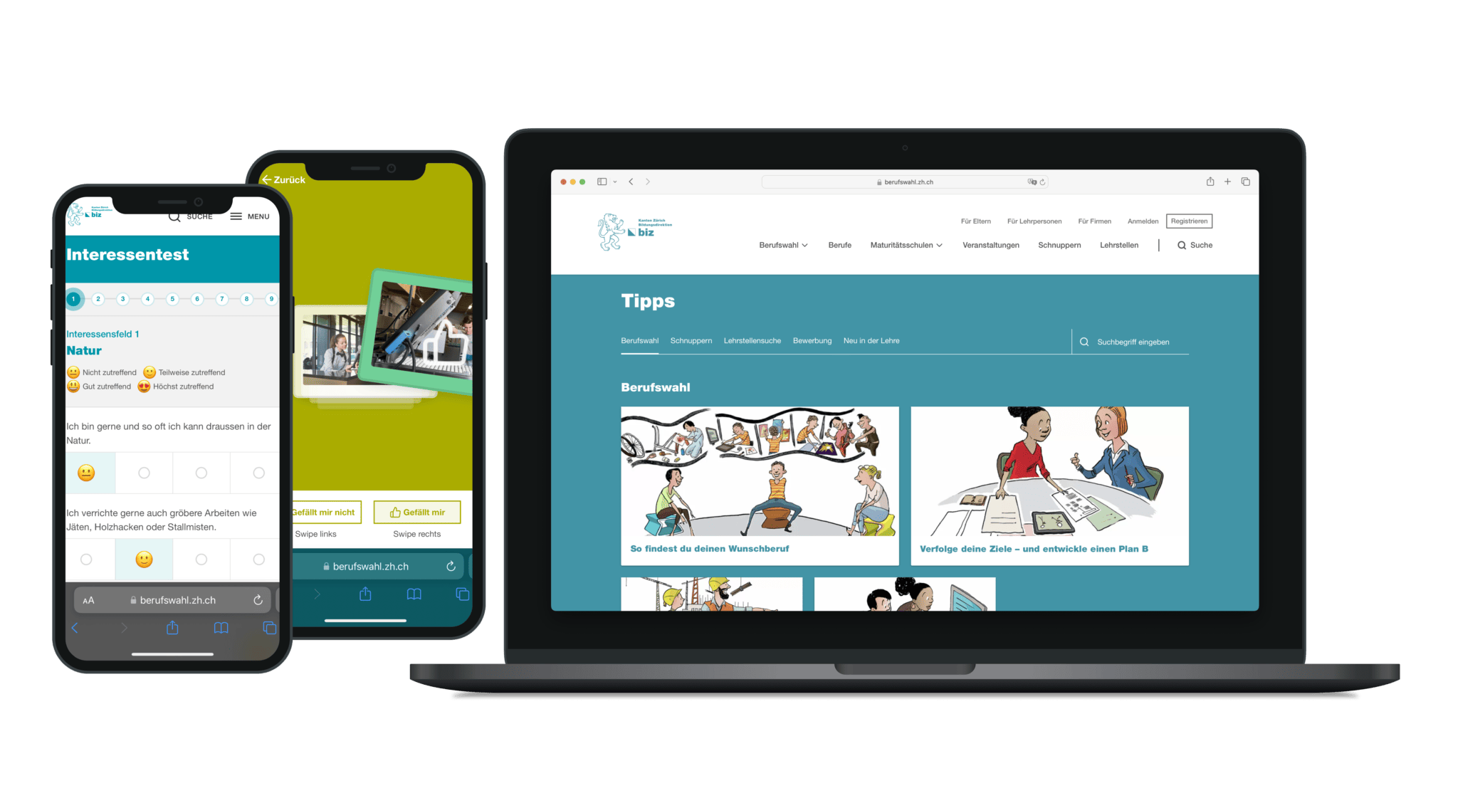 Das Berufswahlportal auf einem Laptop und auf Smartphones