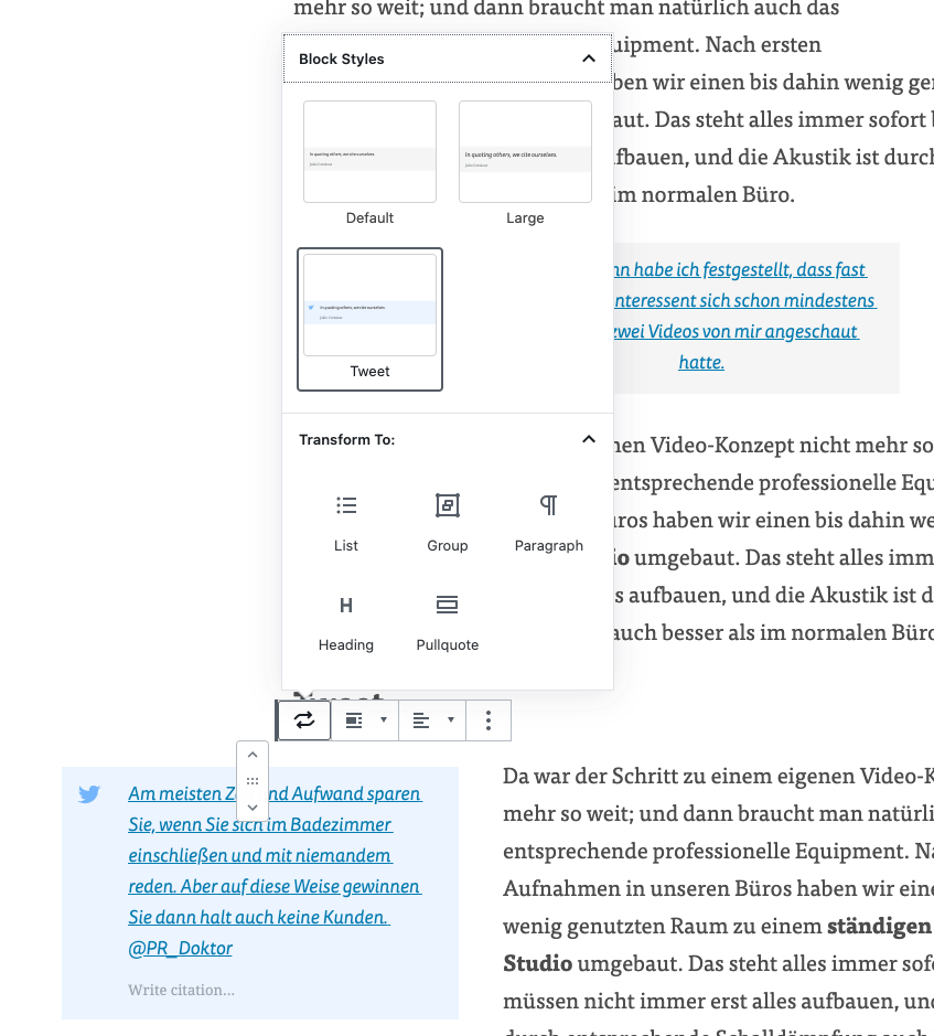 Screenshot of the block editor, how a tweet preview can be added