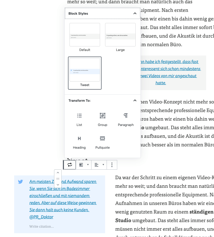 Screenshot vom Block-Editor, wie ein eine Tweet Vorschau hinzugefügt werden kann