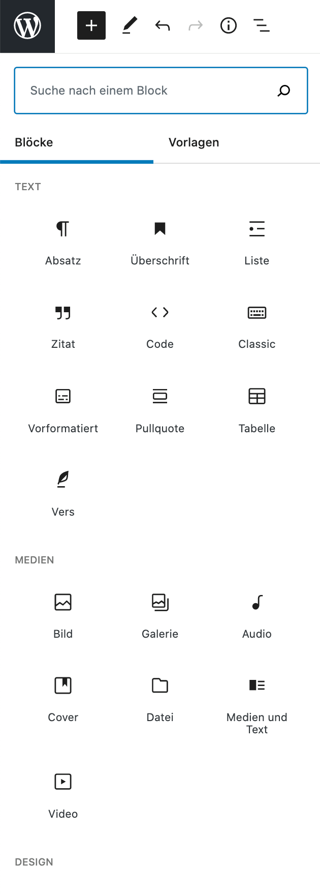Screenshot vom Block-Editor, wie die Auswahl von Blöcken im Editor aussieht