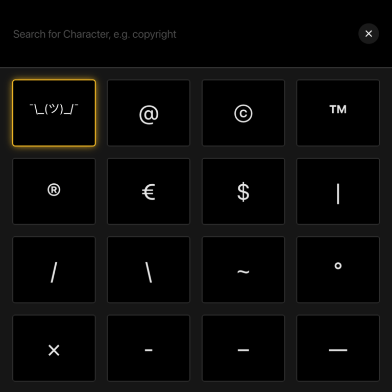Ein Screenshot der Charcopy Webapp, mit welcher man spezielle Zeichen kopieren kann.