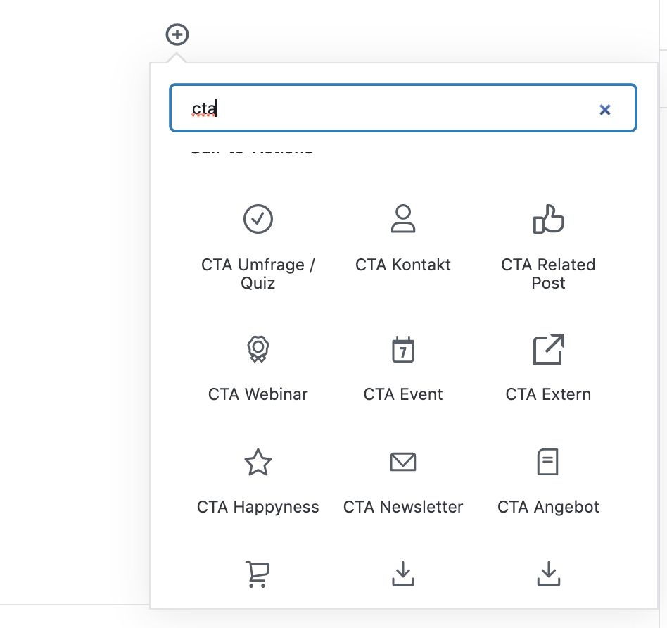 Screenshot vom Block-Editor, wie ein bestimmter Block mit der Suche hinzugefügt werden kann