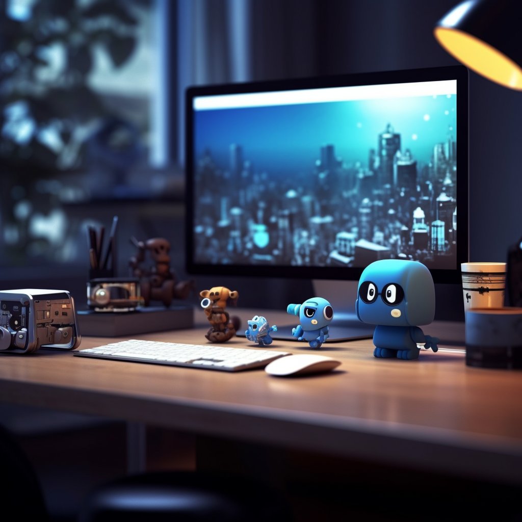 A desk with a large screen. There are also small robots, a keyboard and a mouse on the table.