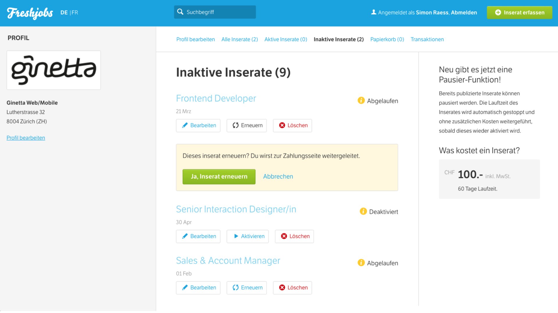 Freshjobs Design 2.0 eingeloggt