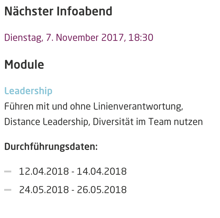 A screenshot with information about the next informational evening for a CAS module