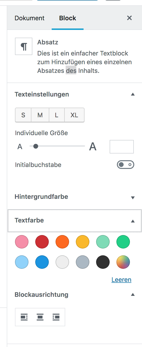 Der WordPress Block Editor: Zu sehen sind die Einstellungen eines einzelnen Blocks.