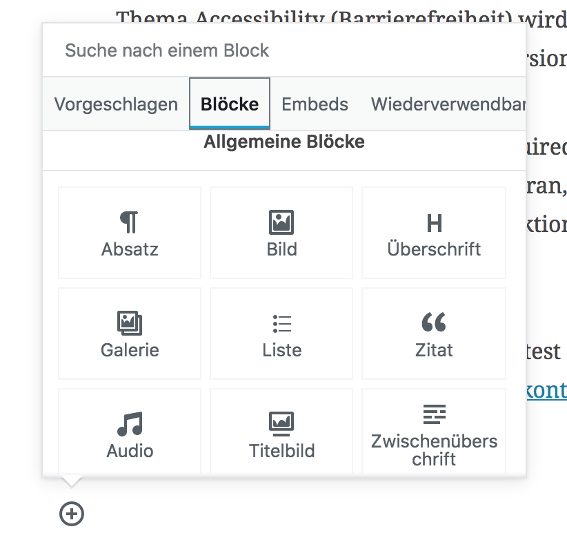 Der WordPress Block Editor: Zu sehen sind die verfügbaren Blöcke.