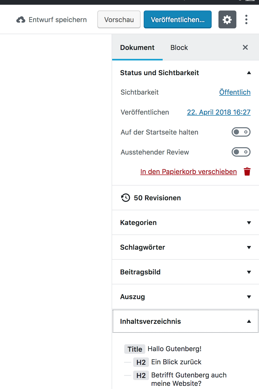 Der WordPress Block Editor: Zu sehen ist die Seitenleiste mit Einstellungen