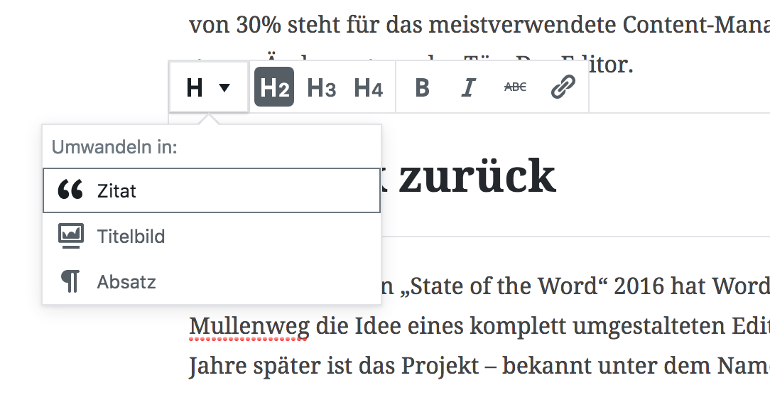 Screenshot vom Block-Editor, bei welchem ein Block mit Toolbar und Möglichkeit zur Umwandlung sichtbar ist