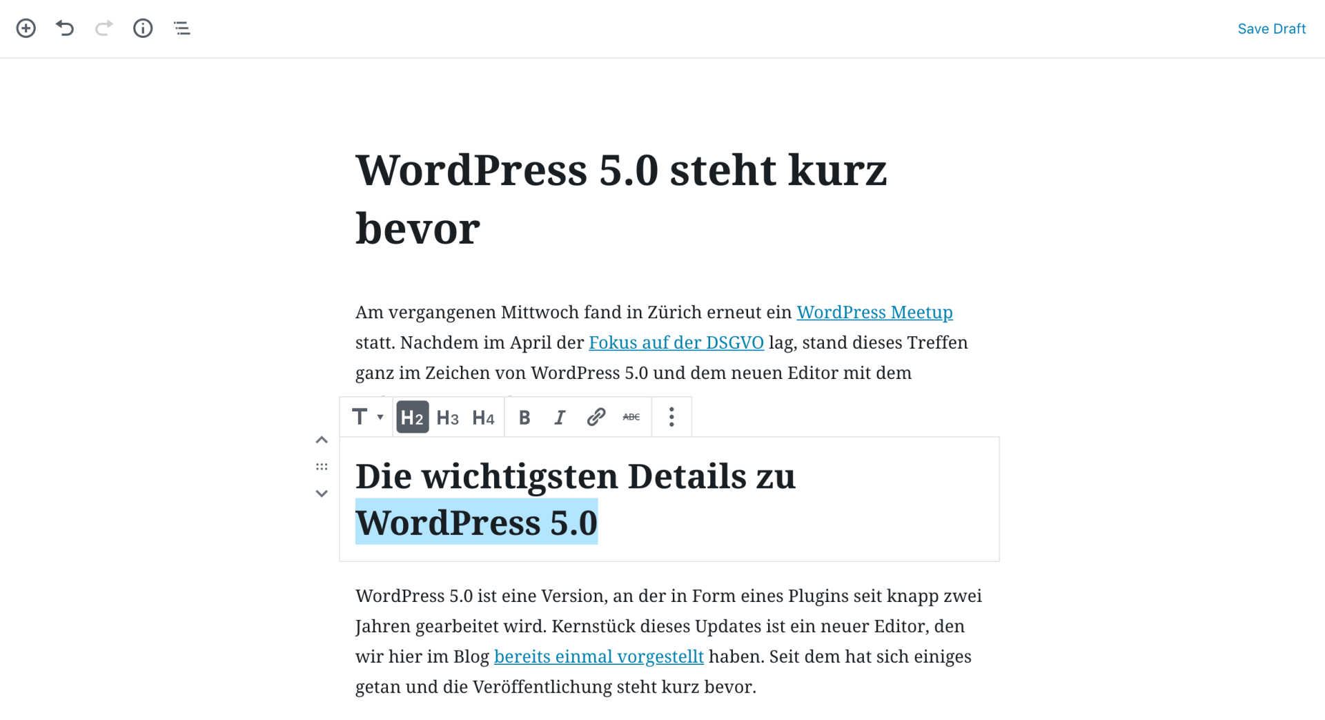 Screenshot des neuen Editors in WordPress 5.0.