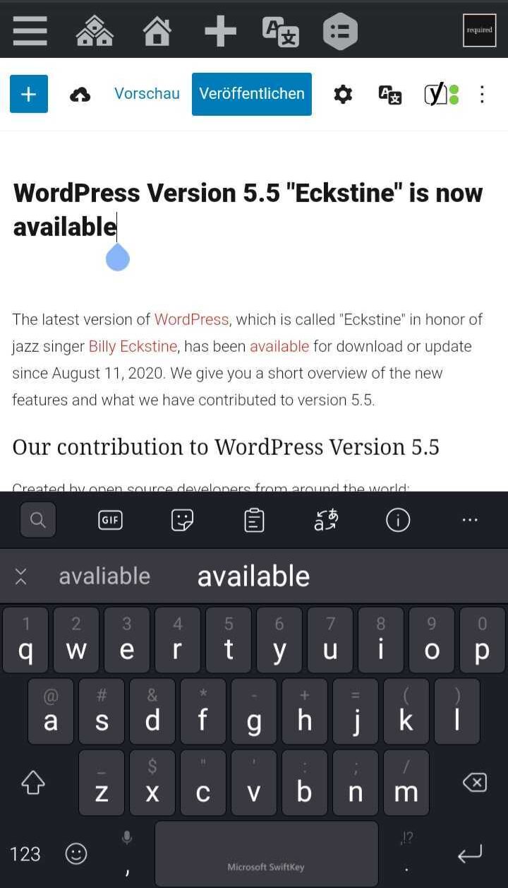 Gutenberg Editor auf Mobile