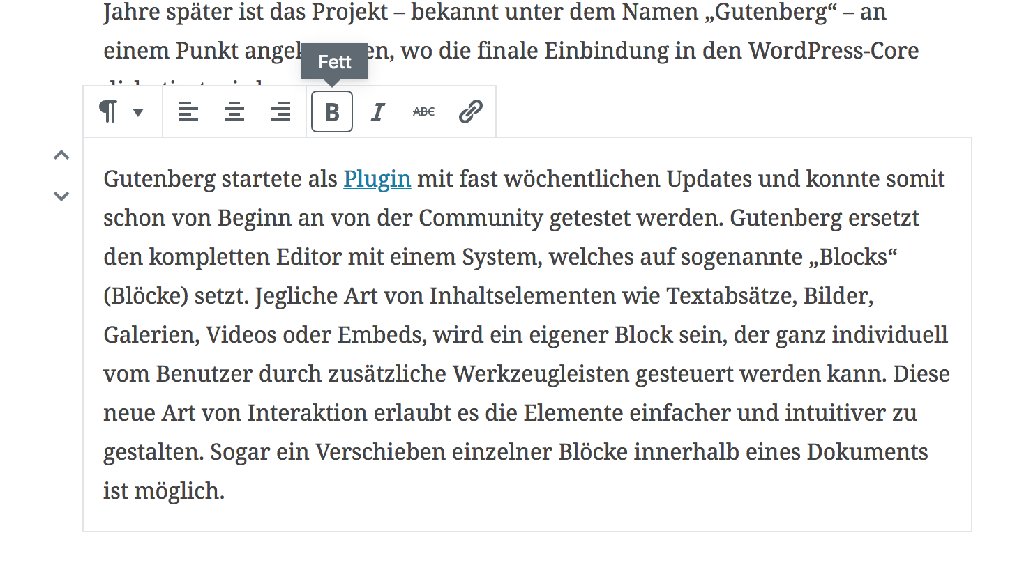 Der WordPress Block Editor: Zu sehen sind Formatierungsmöglichkeiten des Textes.