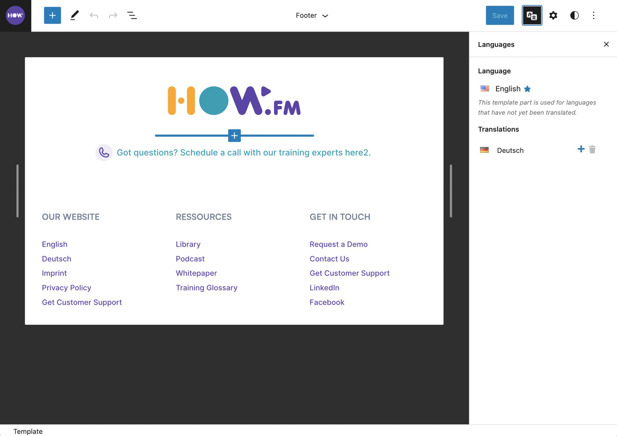 Screenshot from the WordPress block editor, which shows a footer template part that is translated