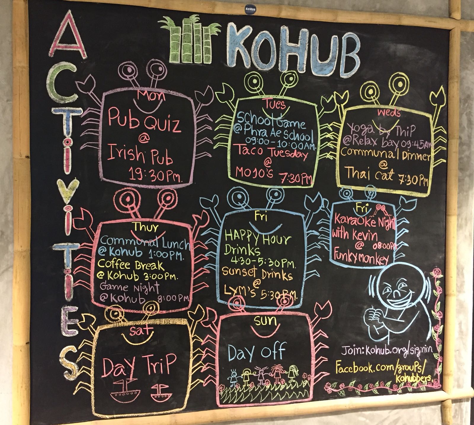 Board with colored addresses, which lists the daily events