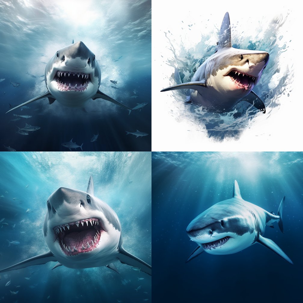 Four images of a shark, generated by Midjourney with a generic prompt.