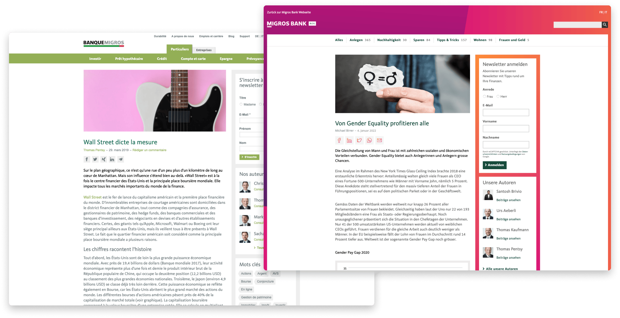 Screenshot des Migros Bank Blogs mit Vergleich vor und nach Rebrand