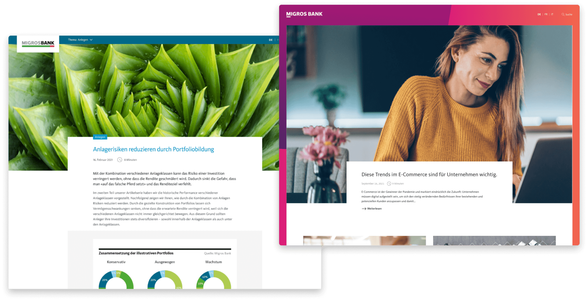 Screenshot of the Migros Bank Content Hub before and after the rebrand