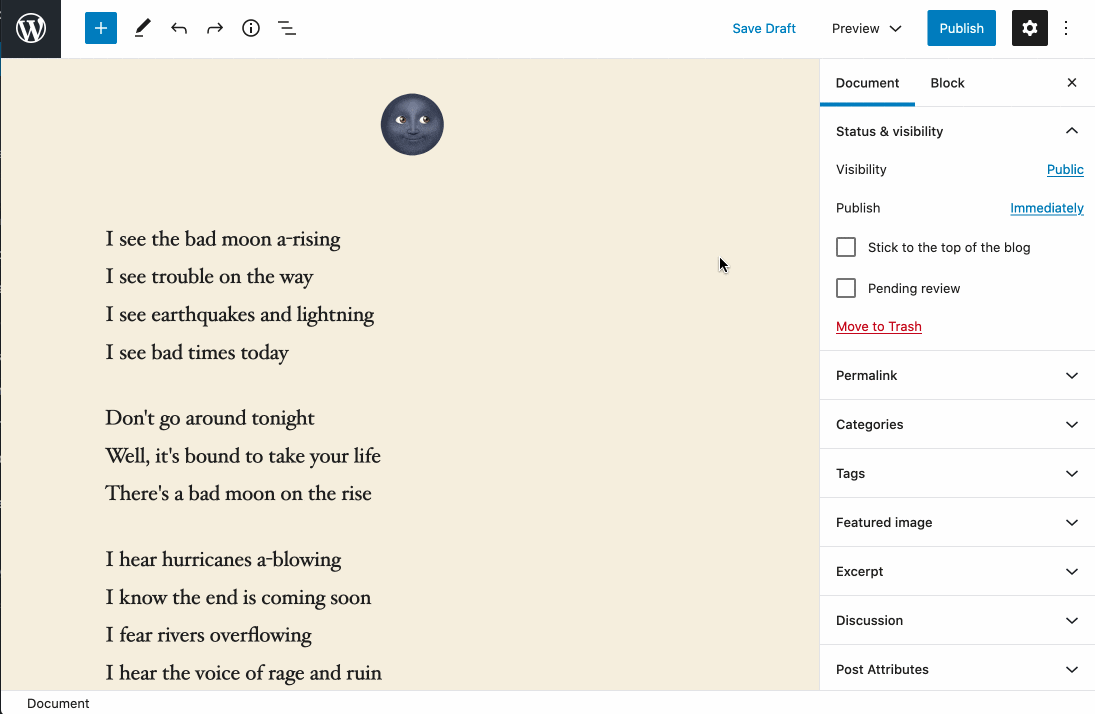 Screenshot of the block editor showing how a text can be edited