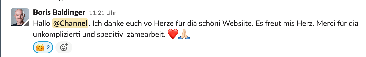Feedback von Boris Baldinger, wie er sich herzlich für die neue Website bedankt.
