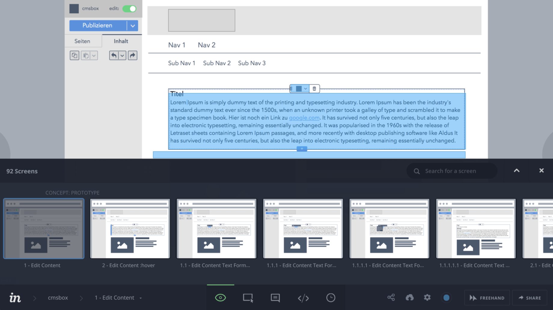 Interaktive Wireframes für die CMSBOX als Invision Prototyp