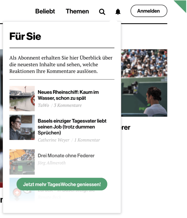 Screenshot of the Notifications for the new readers