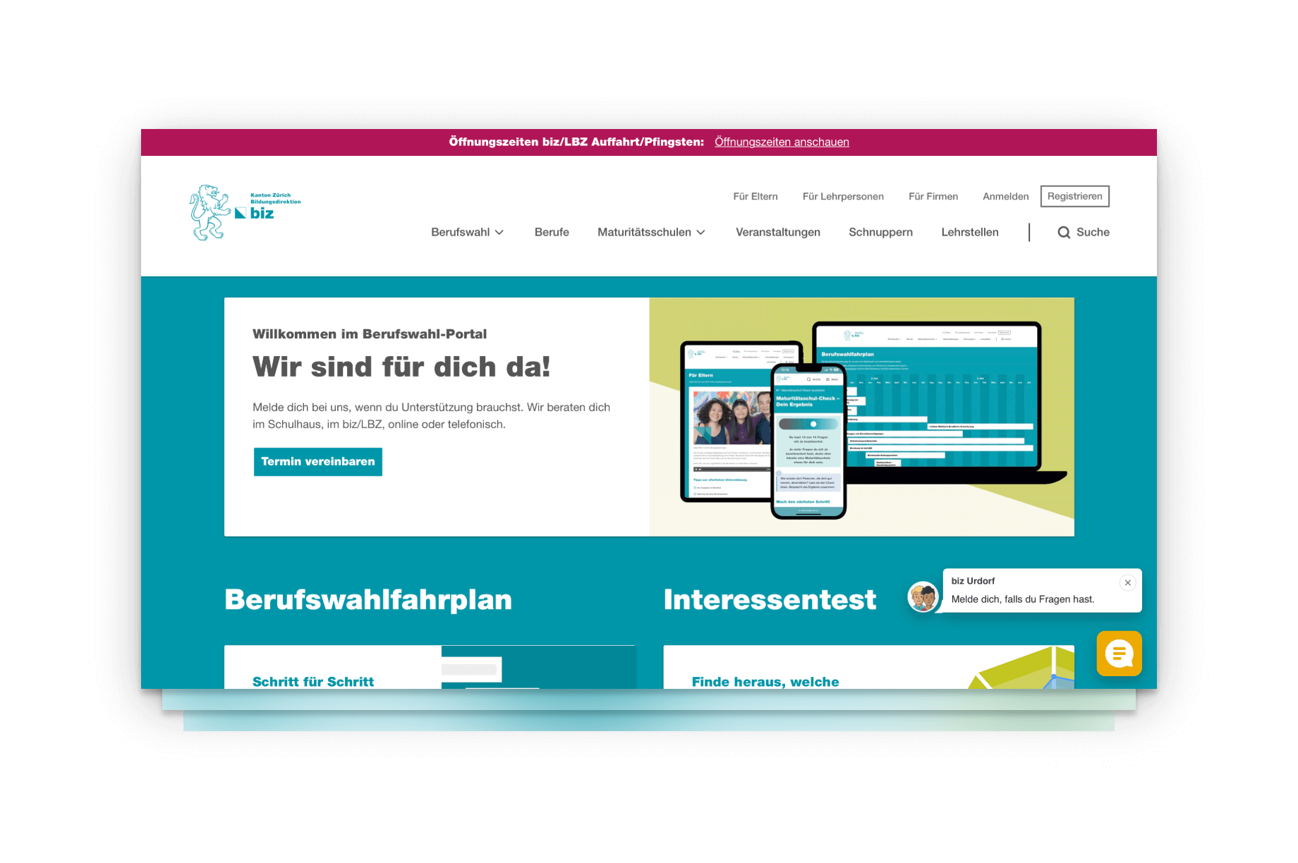 Startseite des Berufswahlportals Zürich mit Infos für Jugendliche, Eltern und Lehrpersonen. Auf mehreren Geräten sichtbar: Berufswahlfahrplan, Maturitätscheck und Unterstützungsangebote.