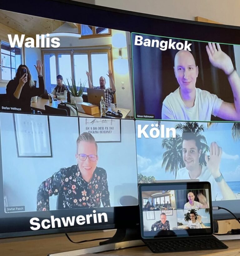 Screenshot vom Zoom-Call vom ganzen Team und wo sich alle befinden: Wallis, Bangkok, Schwerin und Köln