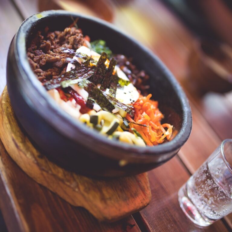 Photo of a large bowl of a Korean dish called Bibimbap