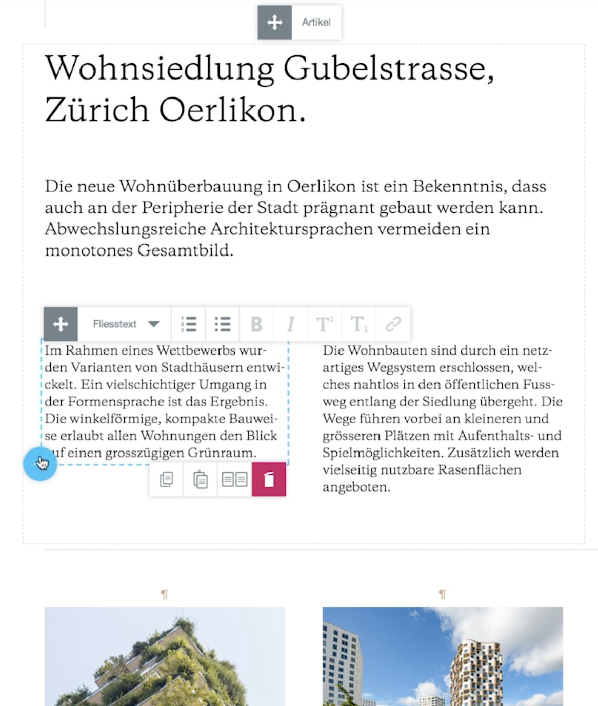 Screenshot des CMS CMSBOX mit Spalten