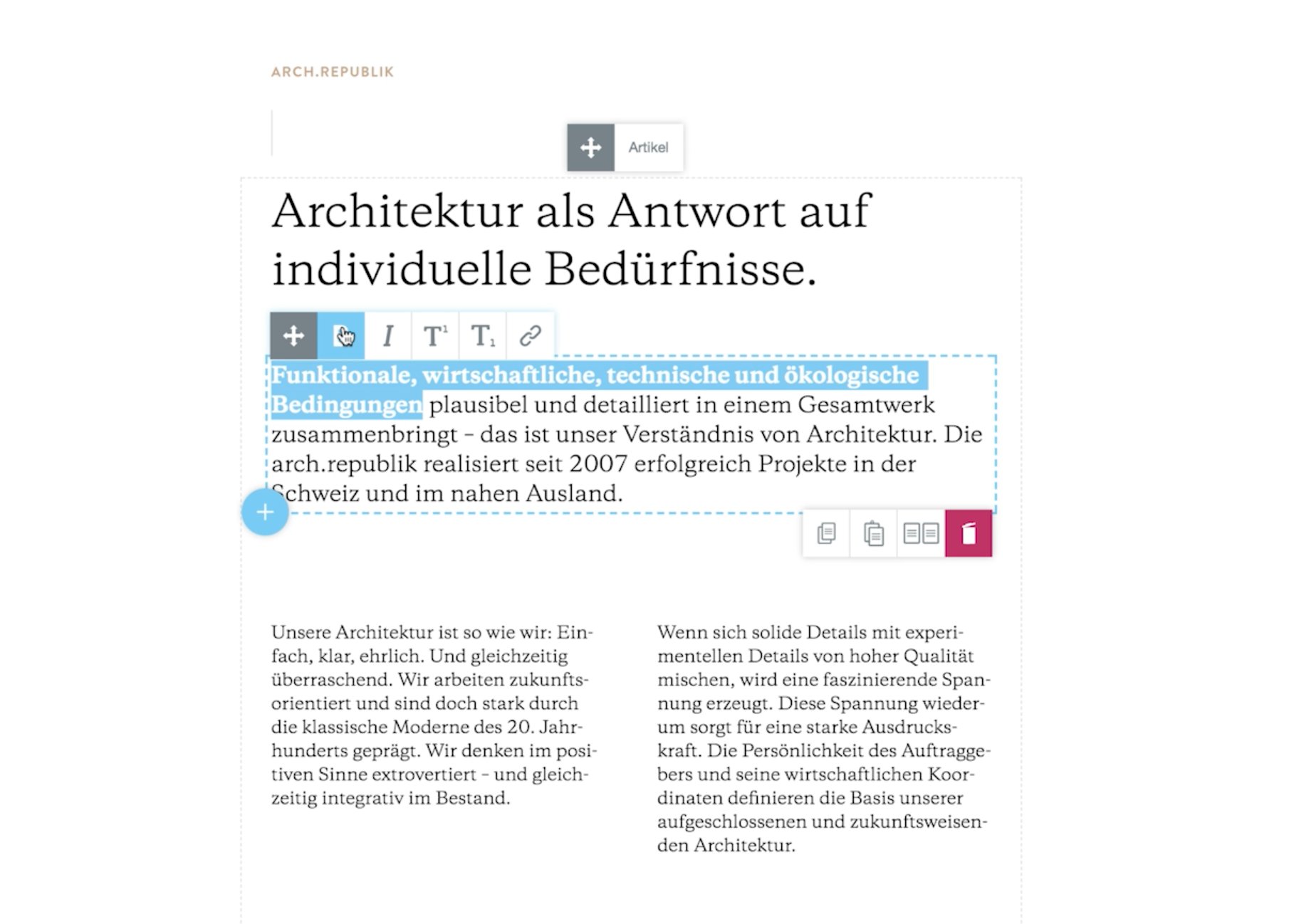 Screenshot des CMS CMSBOX beim Text editieren