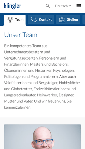 Website klingler consultants auf einem Smartphone