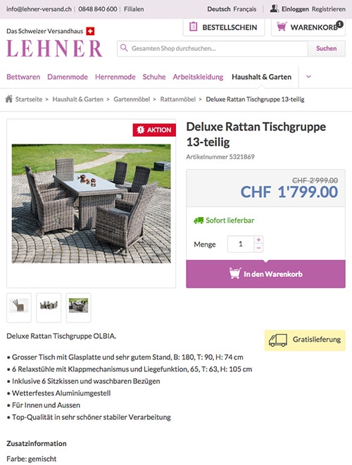 Screenshot Lehner online store on a tablet