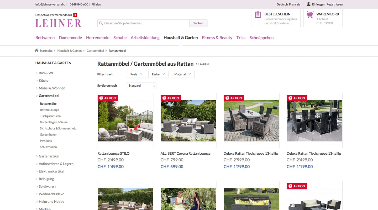 Screenshot Lehner Online-Shop auf einem grossen Bildschirm