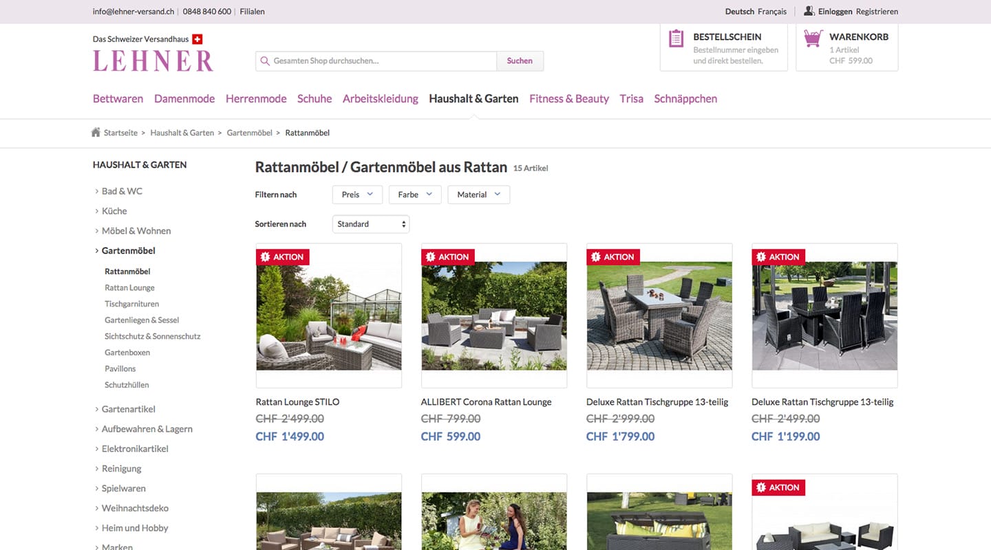 Screenshot Lehner online store on a large screen