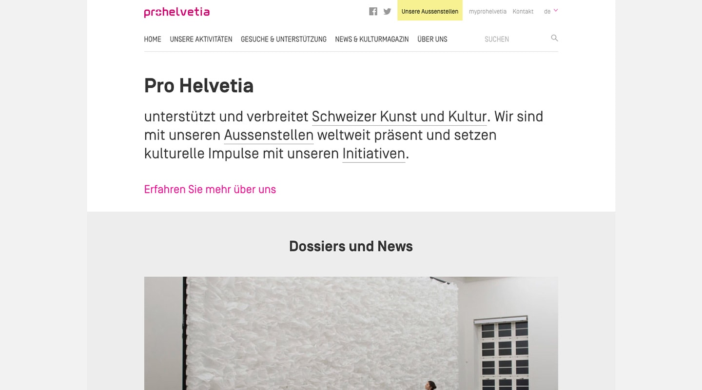 Screenshot prohelvetia.ch auf einem grossen Bildschirm