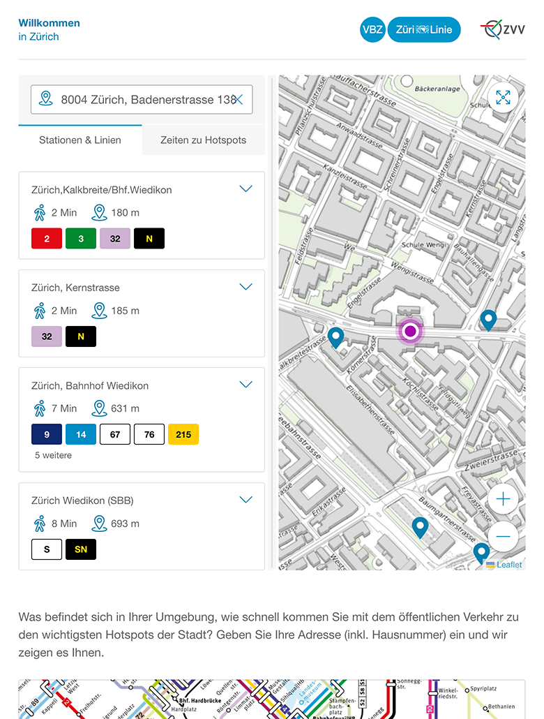 Screenshot zhmobil.ch auf einem Tablet