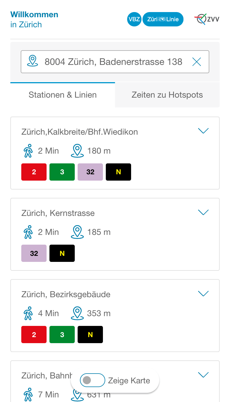 Screenshot zhmobil.ch auf einem Smartphone