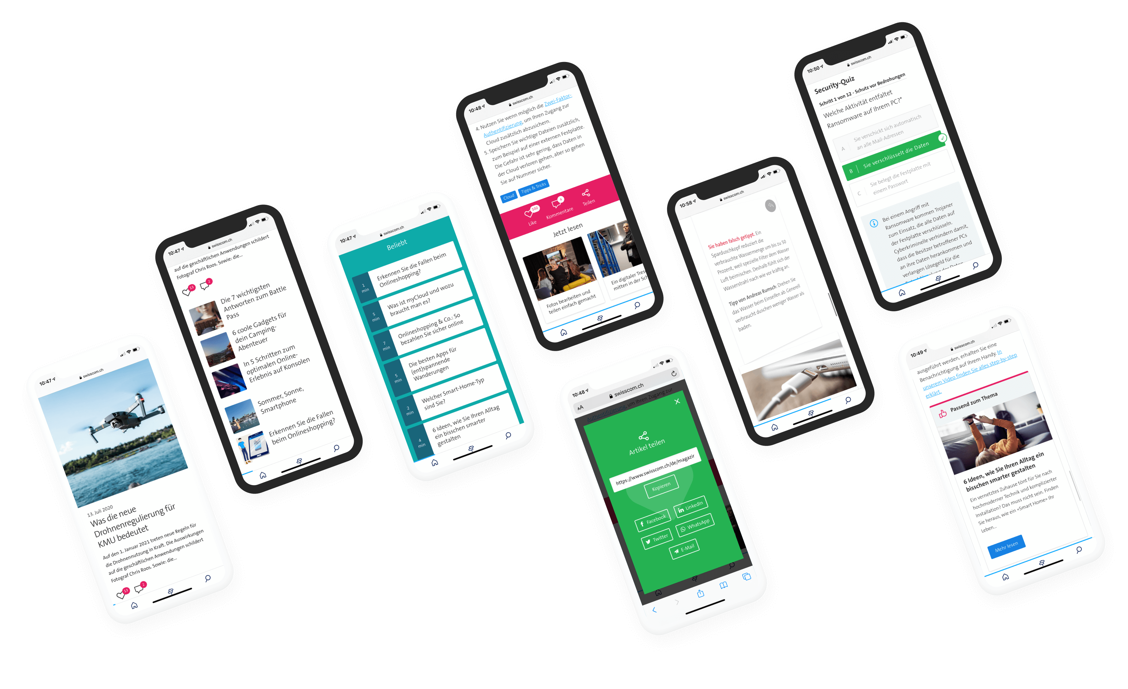 Mehrere Screenshots des Swisscom Magazins auf Smartphones