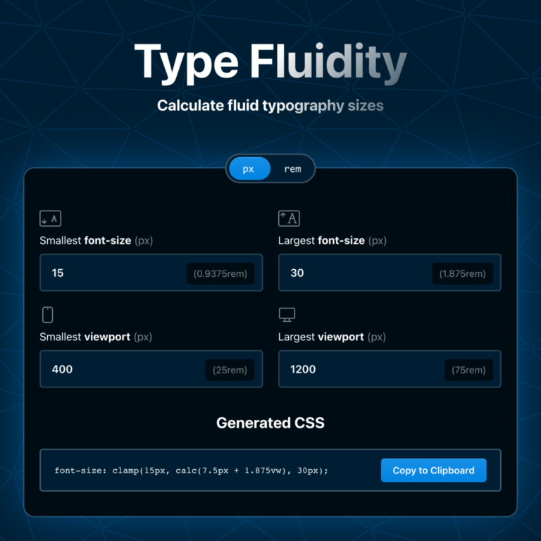 Ein Screenshot der Fluidity Webapp, mit welcher man fluide Schriftgrössen generieren kann.