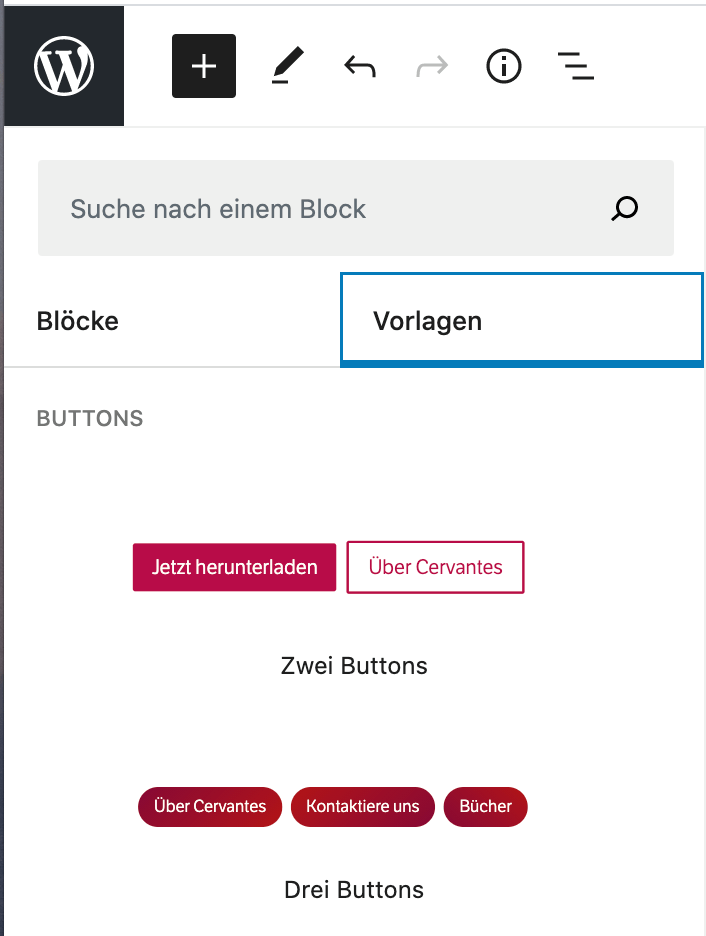 Screenshot vom Block-Editor, wie ein Vorlagen bearbeitet werden können