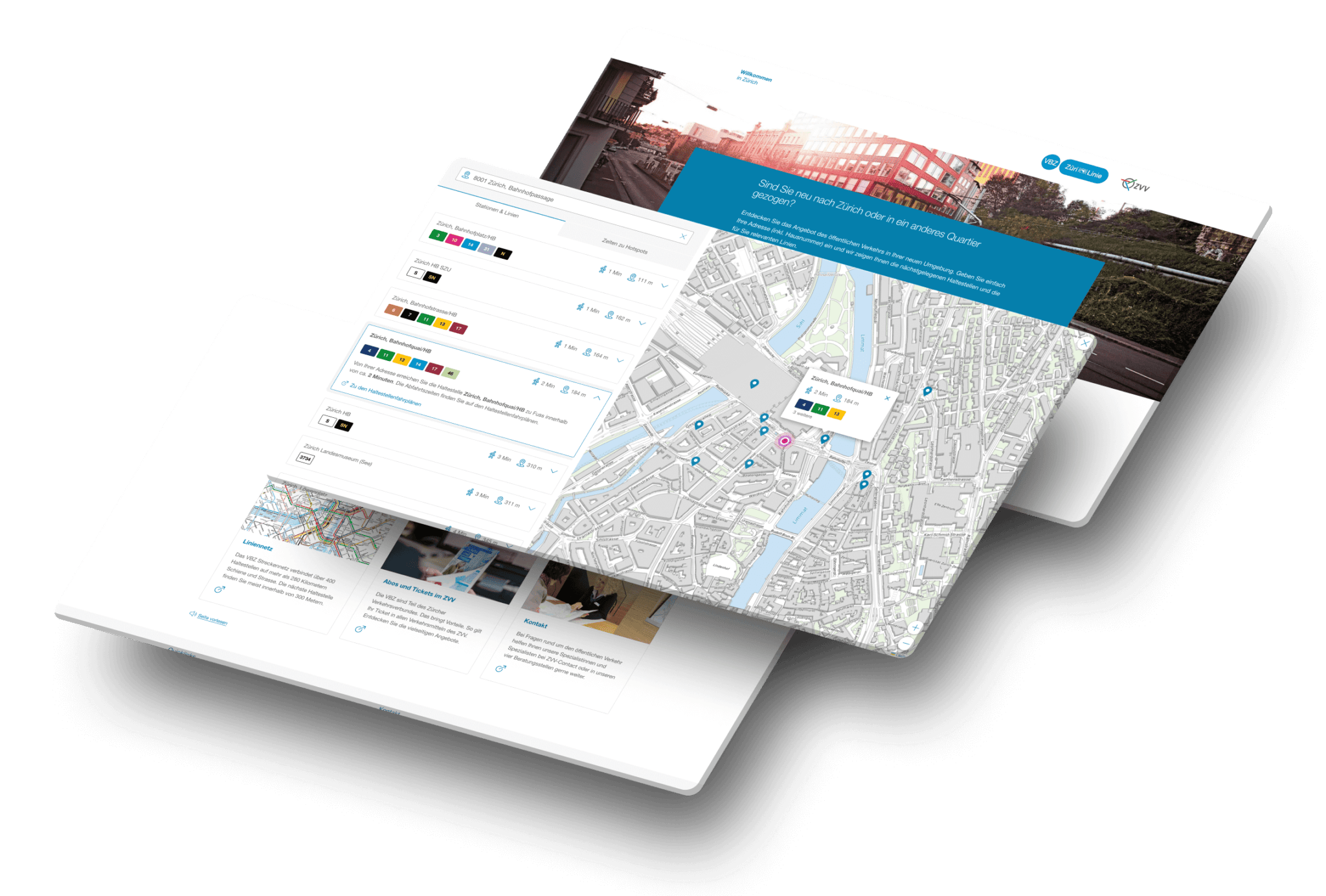 Mehrere Screenshots der Zürich Mobil Website