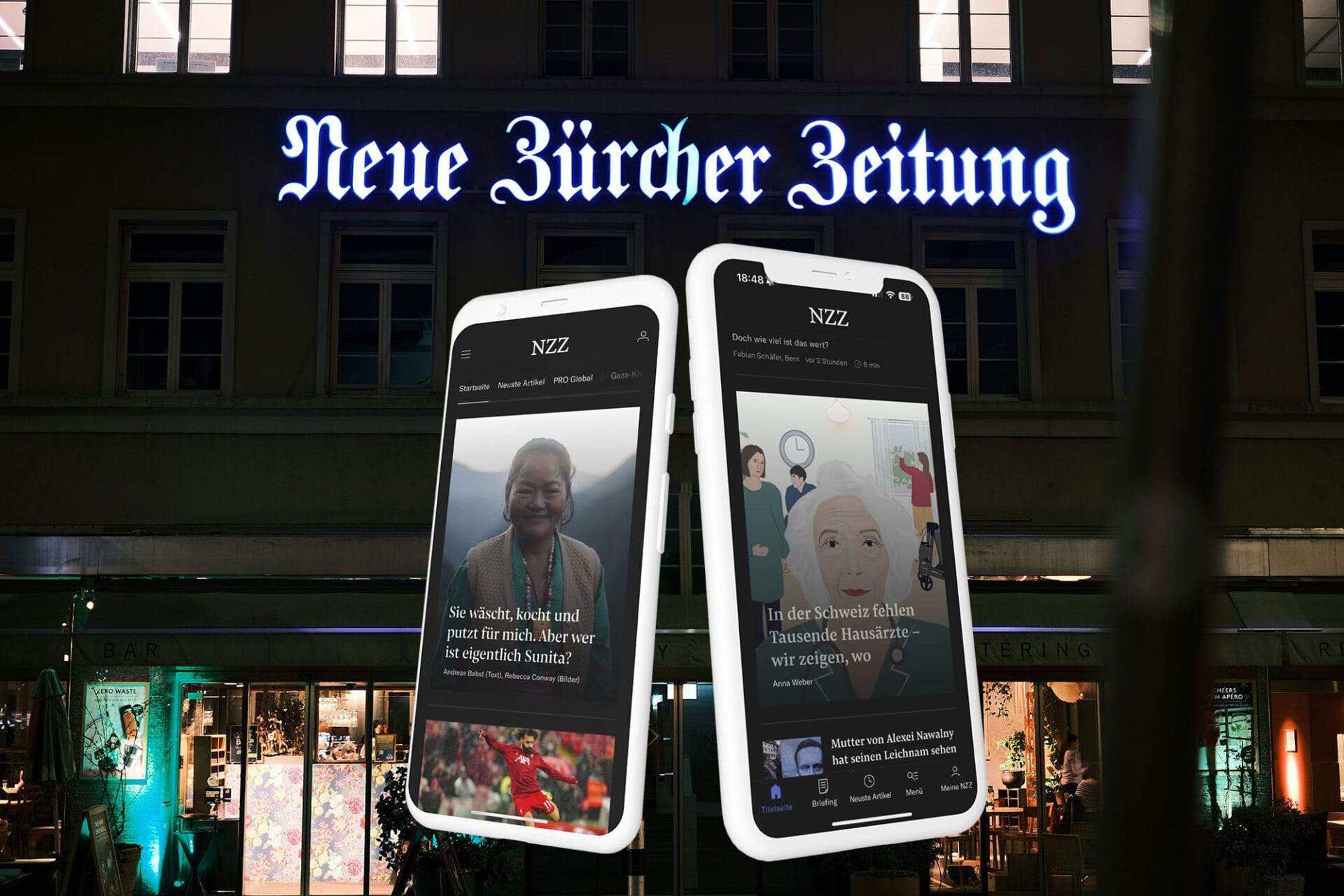 Neue Zürcher Zeitung building with two mobile devices displaying the new font-page concept