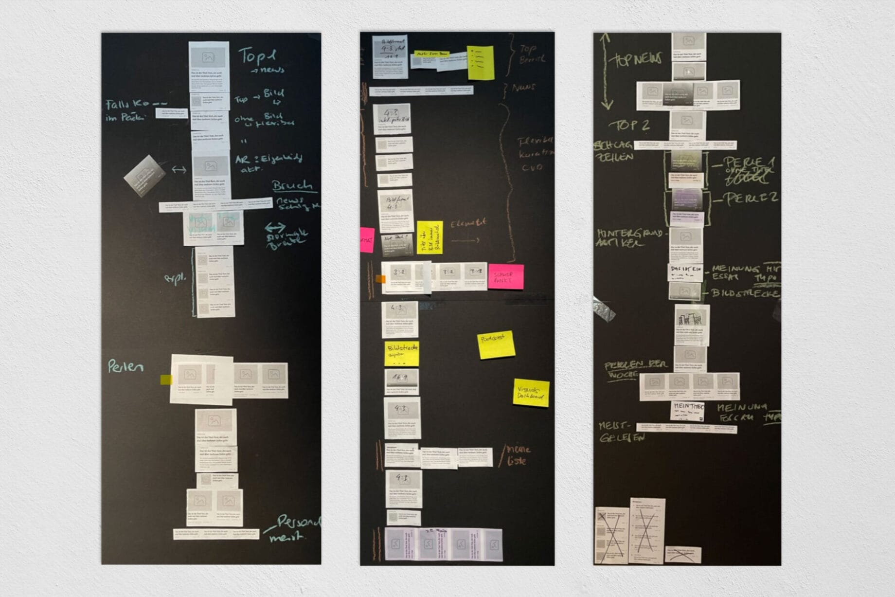 Drei Papierprototypen für die Titelseite, die im Rahmen des Workshops entwickelt wurden