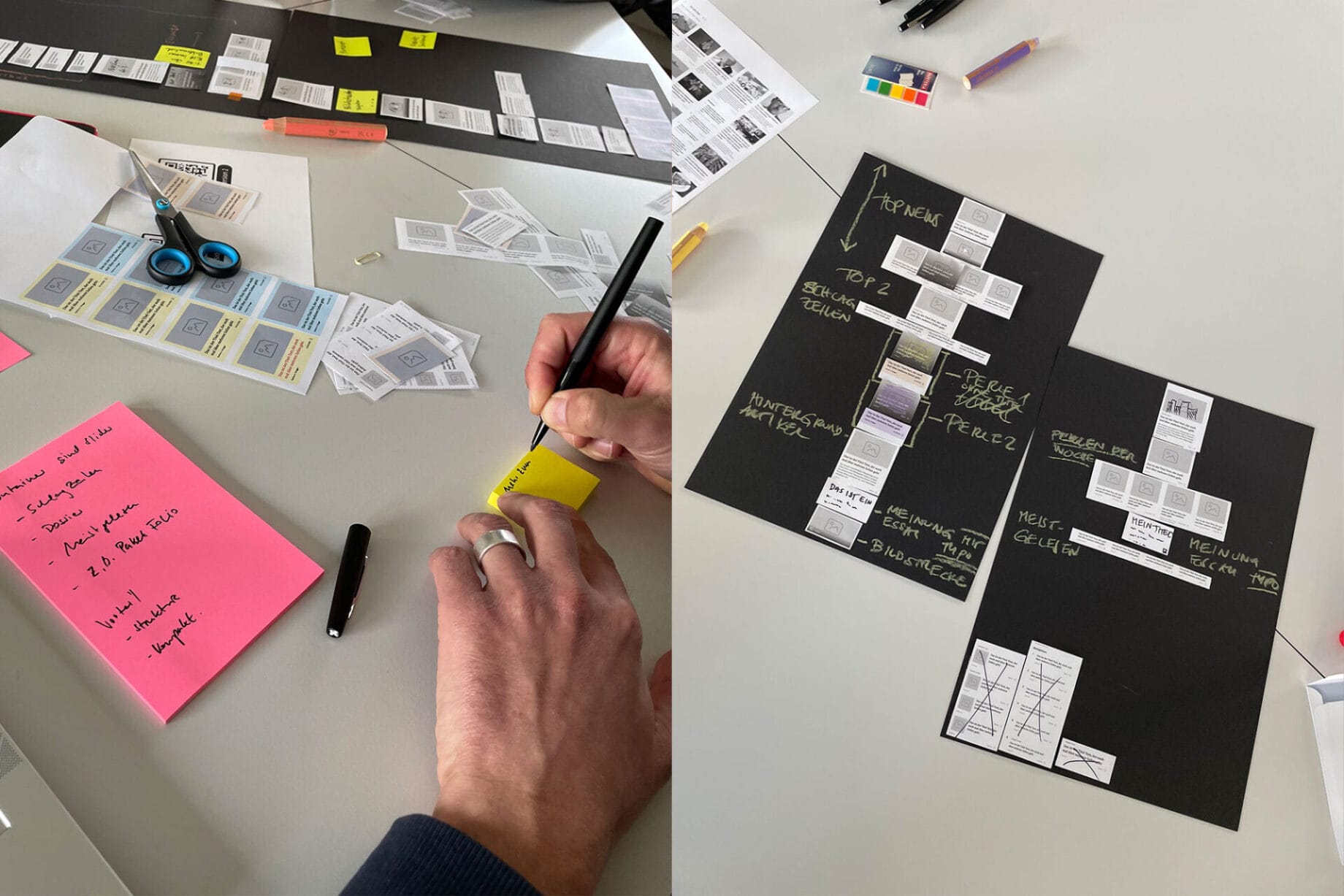 Prototypen aus Papier und Post, ein Tisch voller kreativer Arbeit zur Erstellung des Titelblattkonzepts 